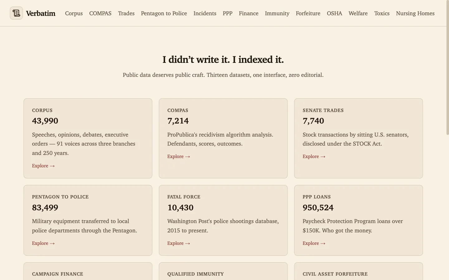 Verbatim public data explorer interface